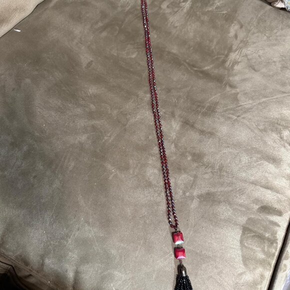 Red and Black Beaded Necklace with Black Beaded Tassel - Picture 4 of 4